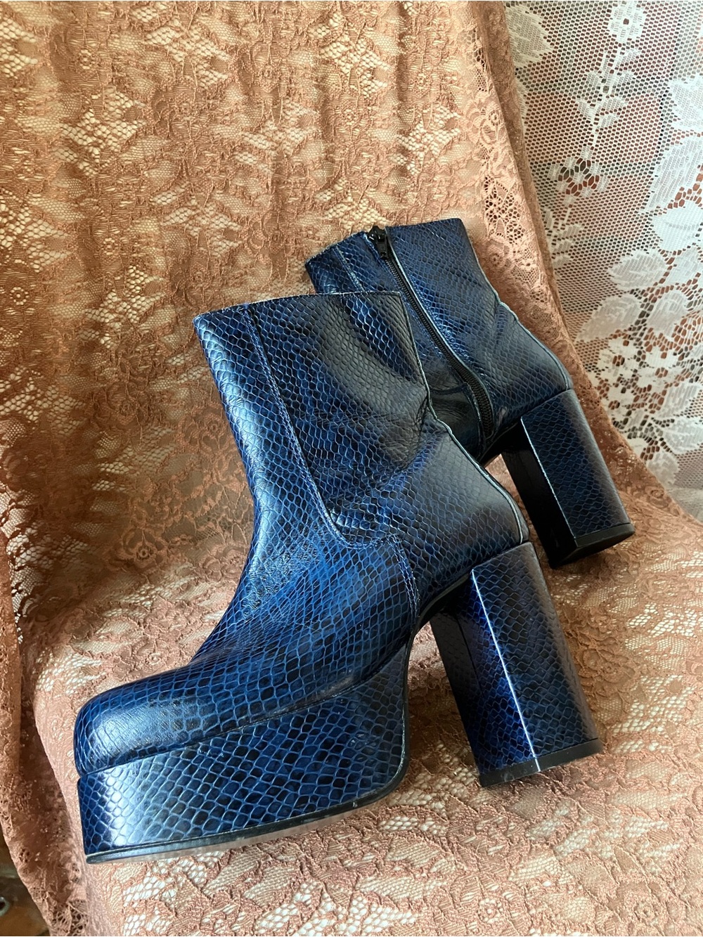 Y2K Blue Platform Block Heel Ankle Boots